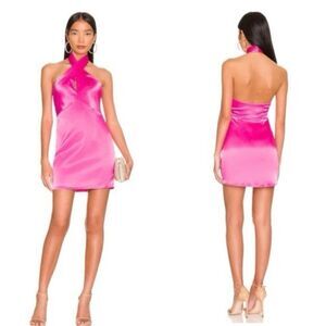 Superdown Samira Dress Women's Small Hot Pink Satin Mini Halter Twist Party Y2K